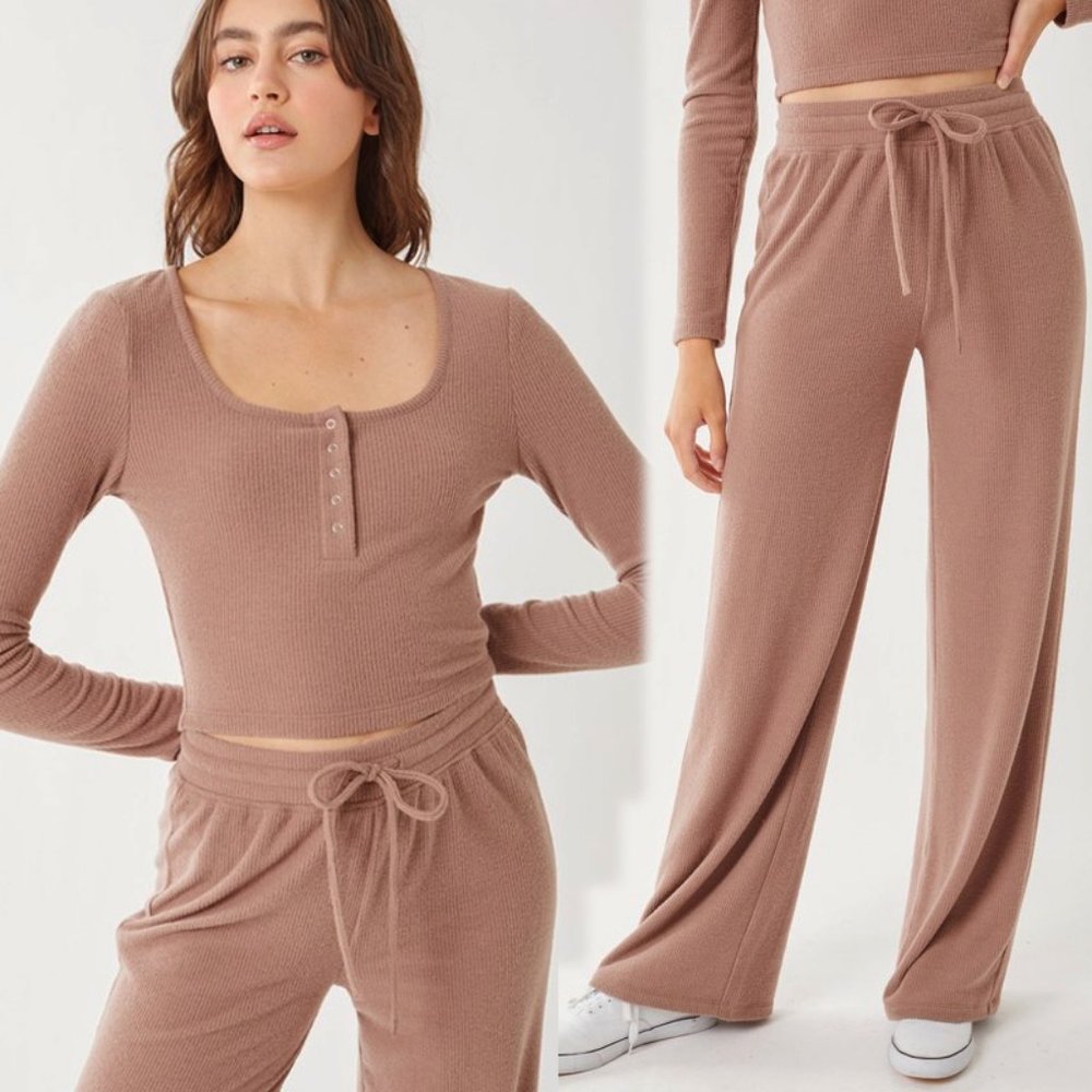 NEW Henley Long Sleeves Rib Knit Crop Top & High Waist Wide Leg Pants Cozy Set